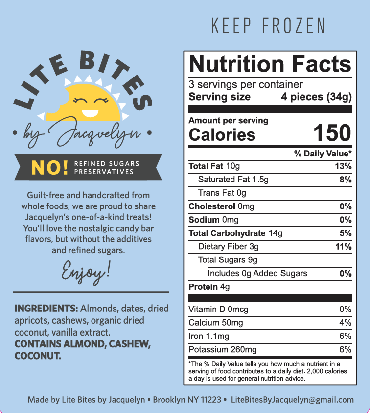 Nutrition facts label for Lite Bites by Jacquelyn on a blue background