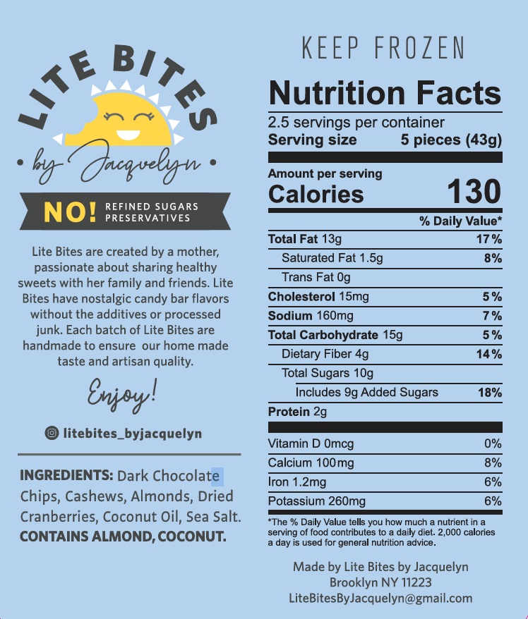 Nutrition facts label for Lite Bites by Jacquelyn on a blue background