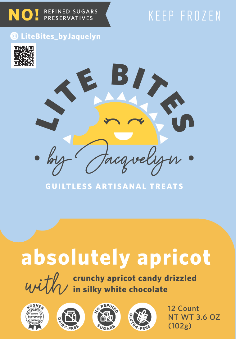 Lite Bites by Jacquelyn packaging for absolutely apricot treats on a blue and yellow background.