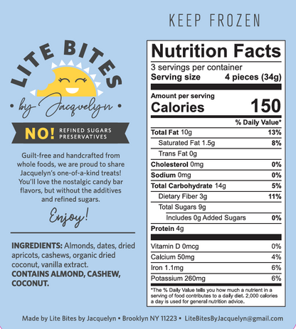 Nutrition facts label for Lite Bites by Jacquelyn on a blue background