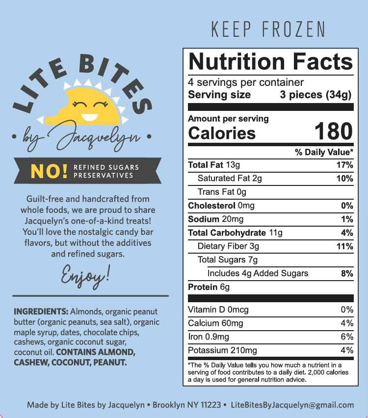 Nutrition facts label for Lite Bites by Jacquelyn on a blue background