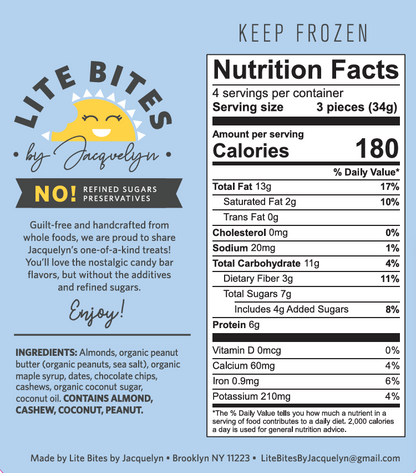 Nutrition facts label for Lite Bites by Jacquelyn on a blue background