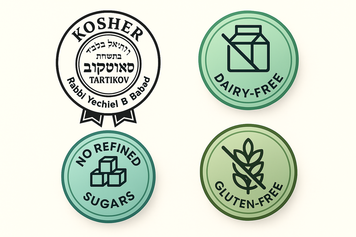 "Kosher certified gluten-free dairy-free badges - Gimme S'mores quality certifications for dietary restrictions and allergies"