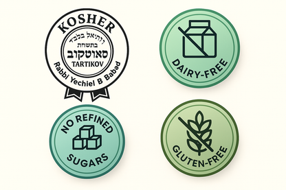 "Kosher certified gluten-free dairy-free badges - Gimme S'mores quality certifications for dietary restrictions and allergies"